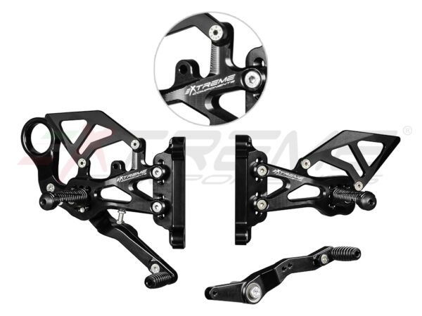 GP EVO rear sets kit for BMW S1000RR / M1000RR (2019/2024) (standard and reverse shifting) with aluminium heel guard (black)