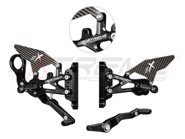 GP EVO rear sets kit for BMW S1000RR / M1000RR (2019/2024) (standard and reverse shifting) with carbon fiber heel guard (black)